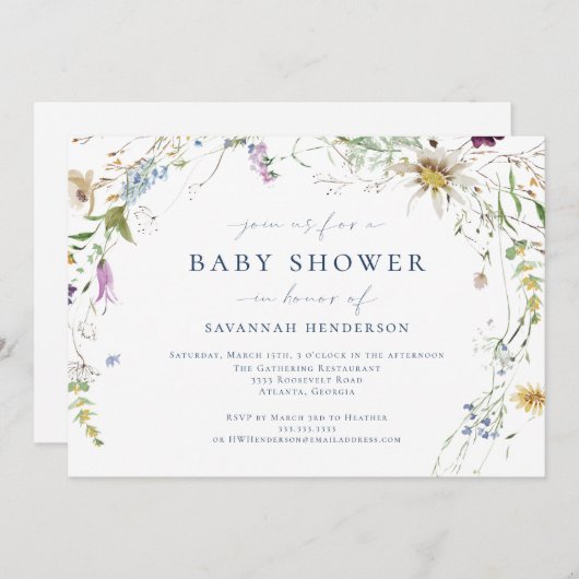 Invitation Elégant Baby shower Fleur sauvage aquarelle (Devant / Derrière)
