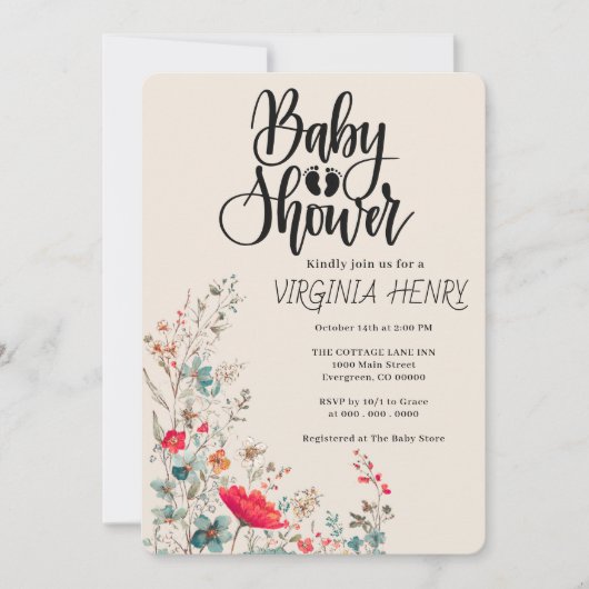 Invitation Elegant Baby shower Fleur sauvage Boho (Devant)