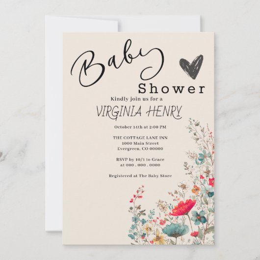 Invitation Elegant Baby shower Fleur sauvage Boho (Devant)