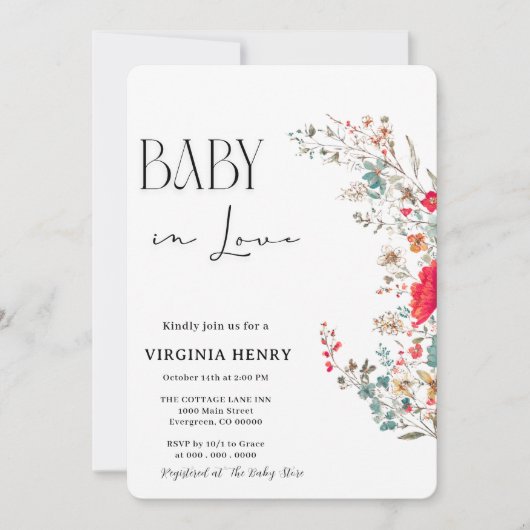 Invitation Elegant Baby shower Fleur sauvage Boho (Devant)