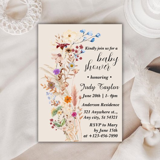 Invitation Elégant Baby shower Fleur sauvage Boho