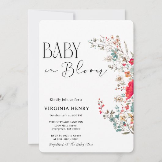 Invitation Elegant Baby shower Fleur sauvage Boho (Devant)