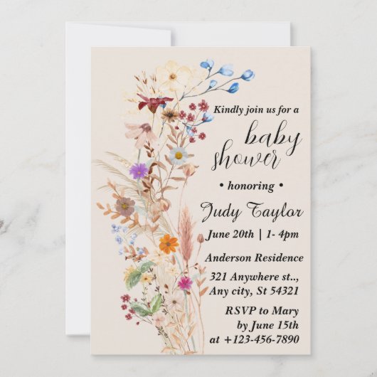 Invitation Elégant Baby shower Fleur sauvage Boho (Devant)