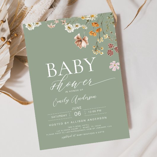 Invitation Élégant Baby shower Fleur sauvage Sage Green Boho
