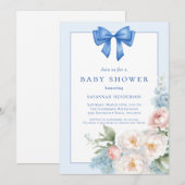 Invitation Élégant Baby shower floral à ruban bleu Bow (Devant / Derrière)