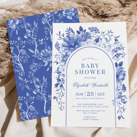 Invitation Elégant Baby shower Floral Blanc Bleu