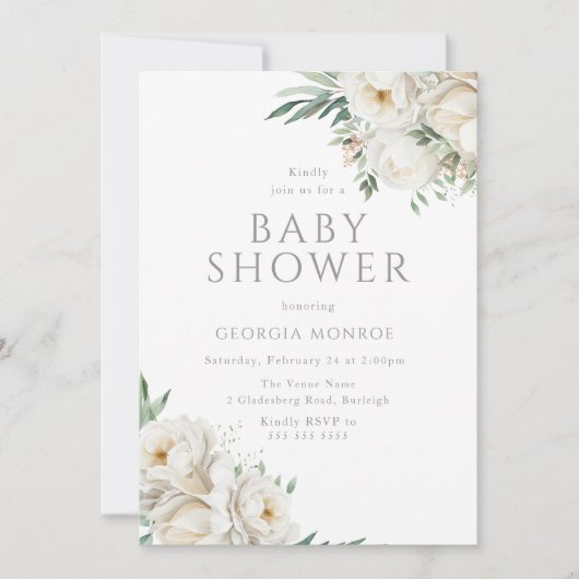 Invitation Elégant Baby shower floral blanc et de taille (Devant)