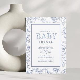 Invitation Elégant Baby shower Floral Bleu & Blanc