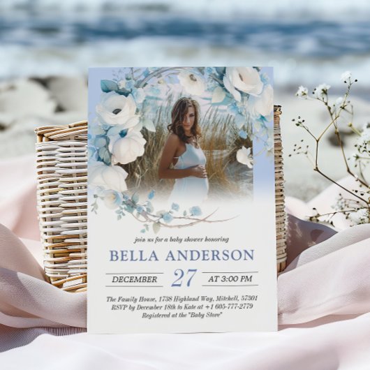 Invitation Elégant Baby shower Floral bleu Dusty