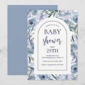 Invitation Elégant Baby shower Floral bleu Dusty (Devant / Derrière)