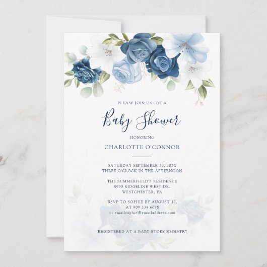 Invitation Elégant Baby shower Floral bleu Dusty (Devant)