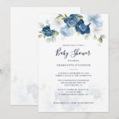Invitation Elégant Baby shower Floral bleu Dusty (Devant / Derrière)