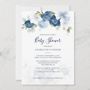 Invitation Elégant Baby shower Floral bleu Dusty
