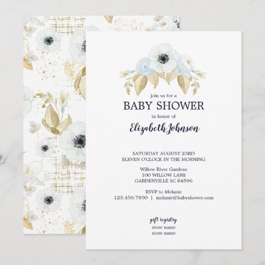 Invitation Elégant Baby shower floral bleu et blanc printemps (Devant / Derrière)