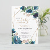 Invitation Elégant Baby shower floral bleu poussiéreux (Debout devant)
