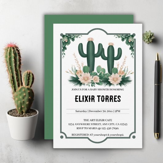 Invitation Elégant Baby shower Floral Boho Moderne Cactus