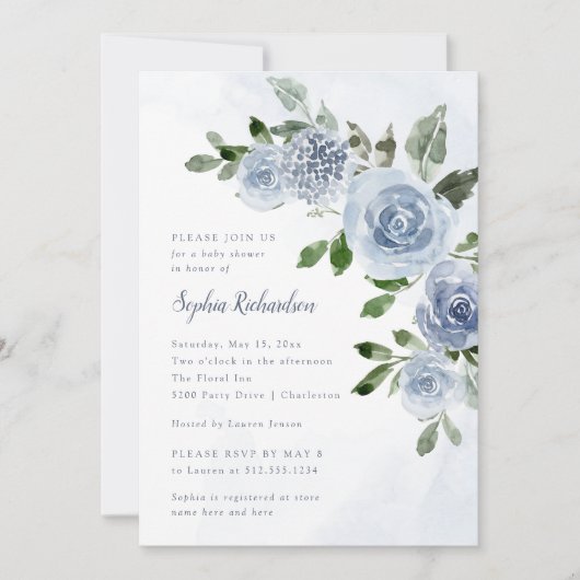 Invitation Elégant Baby shower floral couleur bleu-dusty (Devant)
