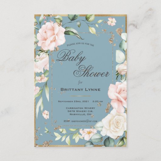 Invitation Elégant Baby shower floral d'aquarelle bleue (Devant)