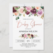 Invitation Elégant Baby shower floral d'aquarelle Bourgogne (Devant)