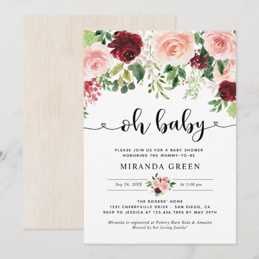 Invitation Élégant Baby shower floral de Bourgogne (Devant / Derrière)