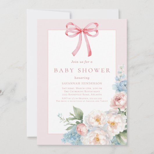 Invitation Élégant Baby shower Floral de Bow Rose Bleu (Devant)