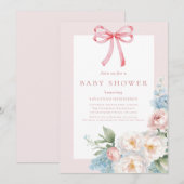 Invitation Élégant Baby shower Floral de Bow Rose Bleu (Devant / Derrière)