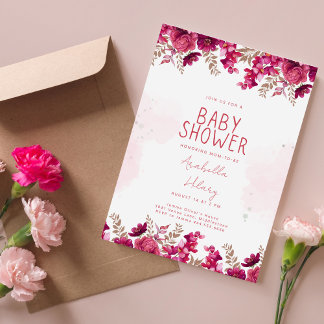 Invitation Elégant Baby shower floral de printemps bourguigno