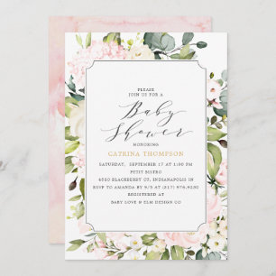 Invitation Élégant Baby shower floral et eucalyptus