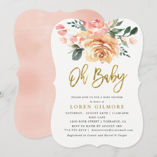 Invitation Élégant Baby shower Floral Peach Or (Devant / Derrière)