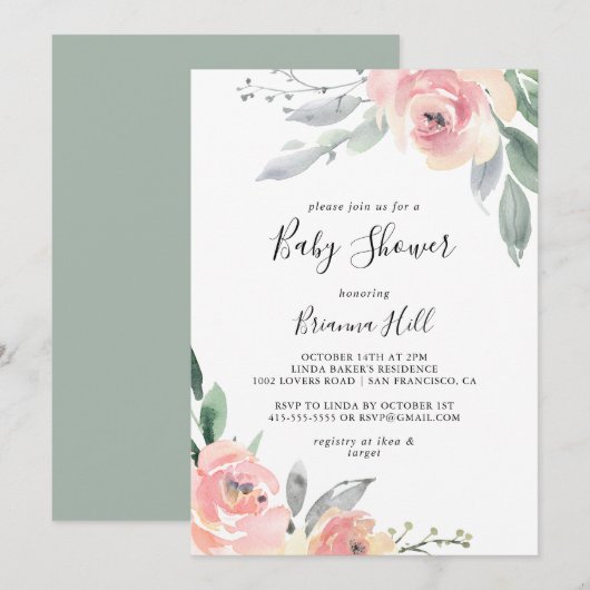 Invitation Élégant Baby shower floral rose (Devant / Derrière)