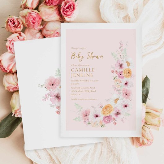 Invitation Élégant Baby shower Floral rose