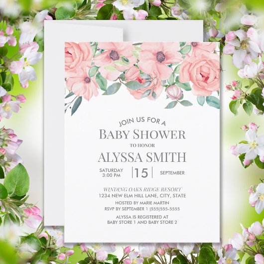 Invitation Élégant Baby shower Floral Rose-Blanc Vert