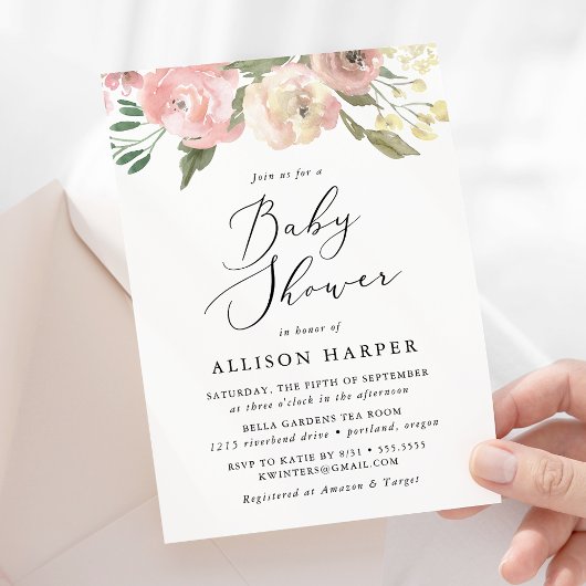 Invitation Élégant Baby shower floral rose doux