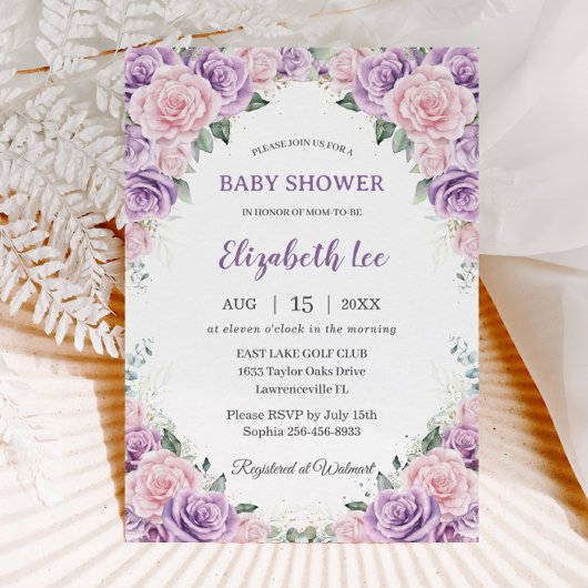 Invitation Élégant Baby shower Floral rose Lilac