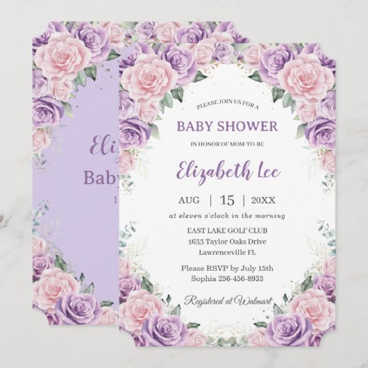 Invitation Élégant Baby shower Floral rose Lilac (Devant / Derrière)