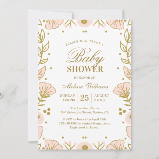 Invitation Élégant Baby shower Floral Rose or fille (Devant)