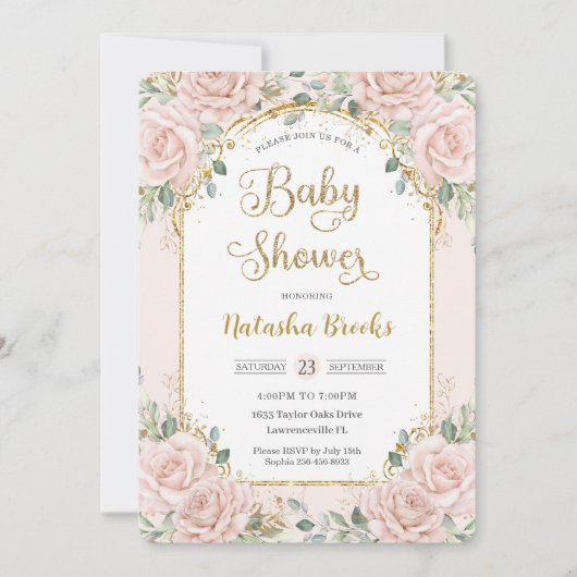 Invitation Élégant Baby shower floral rose pâle (Devant)
