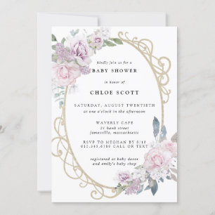 Invitation Élégant Baby shower Floral rose violet