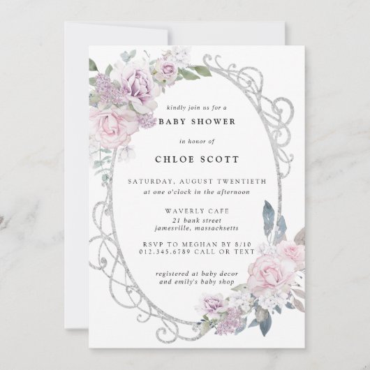 Invitation Élégant Baby shower Floral rose violet (Devant)