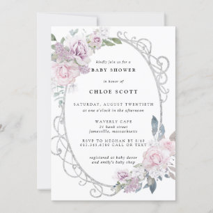 Invitation Élégant Baby shower Floral rose violet