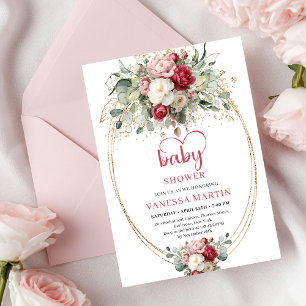 Invitation Élégant Baby Shower Floral Rubis Boho Blush Or