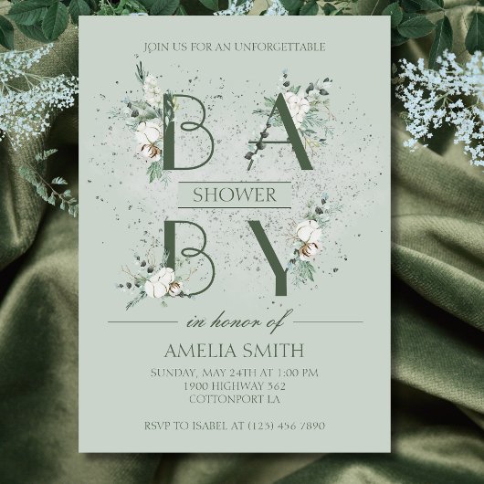 Invitation Élégant Baby shower Floral Vert Sage