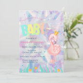 Invitation Élégant Baby shower holographique Flamant rose (Debout devant)