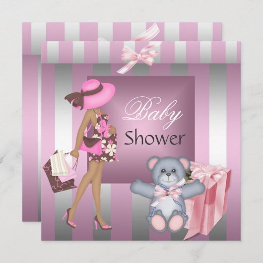 Invitation Elégant Baby shower Joli rose Silver Stripe Cadeau (Devant / Derrière)