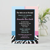 Invitation Elégant Baby shower Jumeaux bleu rose Zebra (Debout devant)