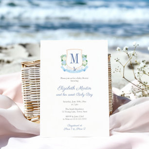 Invitation Elégant Baby shower Monogramme Côtier Bleu Pour Ga