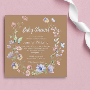 Invitation élégant baby shower neutre brun fleur sauvage