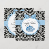 Invitation Elégant Baby shower noir et bleu Damas (Devant / Derrière)