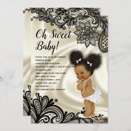 Invitation Elégant Baby shower noir et ivoire Afro Puffs (Devant / Derrière)