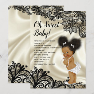 Invitation Elégant Baby shower noir et ivoire Afro Puffs